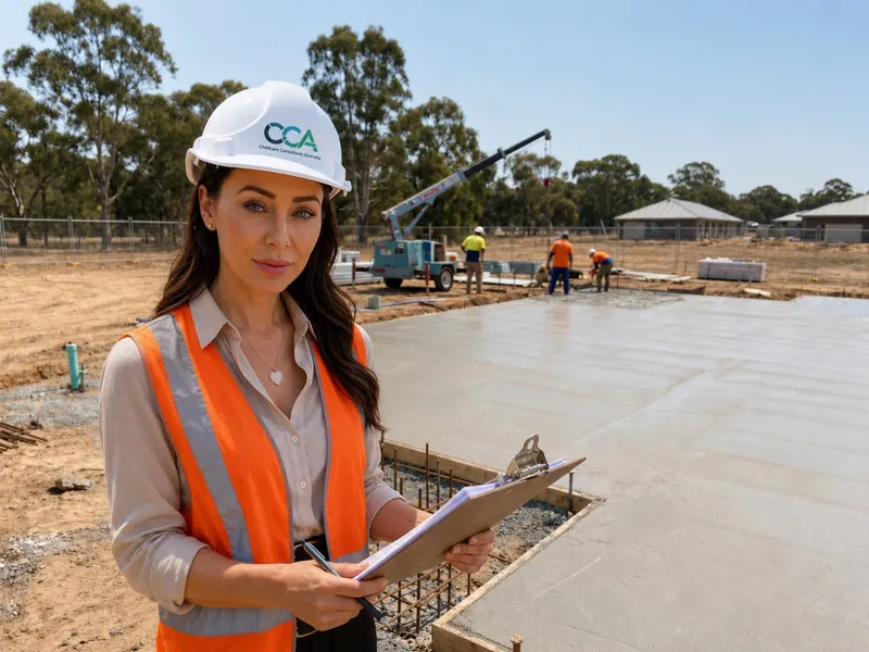 Talisha Long on a childcare centre development site in hi-vis and hard hat